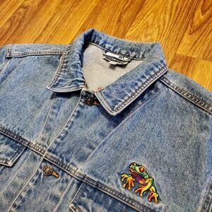 Vintage Denim Jacket Women Medium Blue Jean Frog Embroidered Natural Wonders